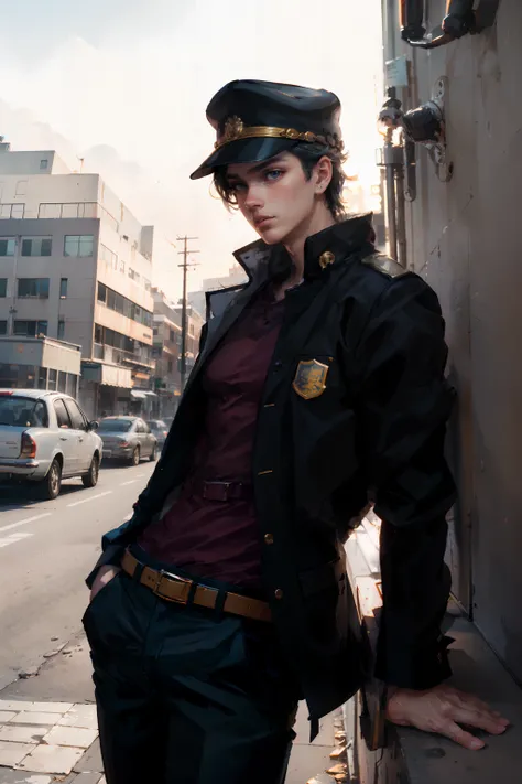 masterpiece, best quality, absurdres, 8k,extremely detailed,intrcate detailes,1boy, night,school uniform, outdoors, rim lighting, dimly lit,joxsp,stand \(jojo\), <lora:dioKujoWithStandDIO_v10:0.5>, <lora:epiNoiseoffset_v2:0.8>,