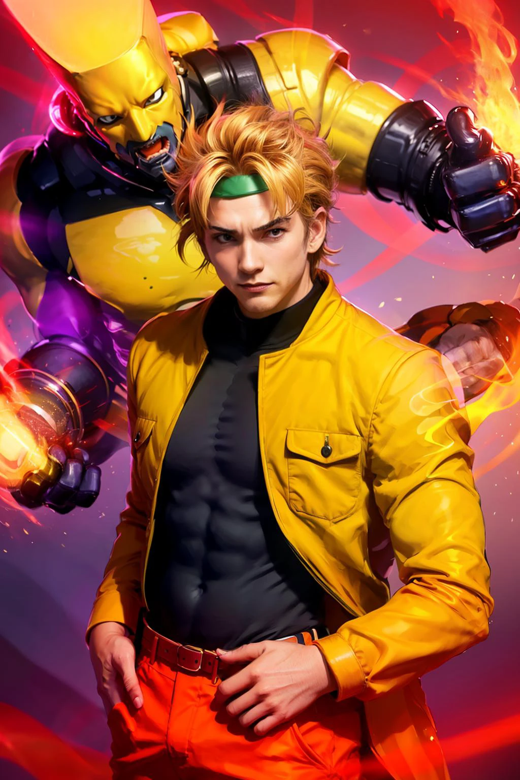 masterpiece, best quality, <lora:jojo2:0.9:1,0,1,1,1,1,1,1,0,1,0,0,1,1,1,1,1>,(dioxth:1),crossed arms, smile,hairband,  boy