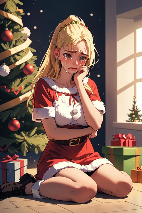 Kid received a christmas gift that she didn't wanted, ca21mv6-235, sits on the floor by the Christmas tree, (crying), (tears), utter disappointment, exaggerated suffering, best quality, extremely detailed, semi-realistic comic style, cartoonish style, illustration