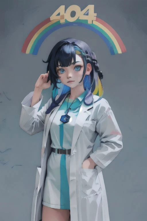 best quality, extremely detailed, photo, <lora:gijinkaseries_civitai-18:0.8> civitai-chan, braided bangs, labcoat, shirt, shirt tucked in, necklace,ImaginationSpongebob,hands up, rainbow , Incrs404,English text, (text "404" on the rainbow :1.2)