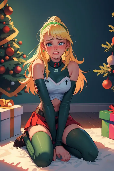 Kid received a christmas gift that she didn't wanted, ca21mv6-235, sits on the floor by the Christmas tree, (crying), tears, utter disappointment, exaggerated suffering, best quality, extremely detailed, semi-realistic comic style, cartoonish style, illustration
