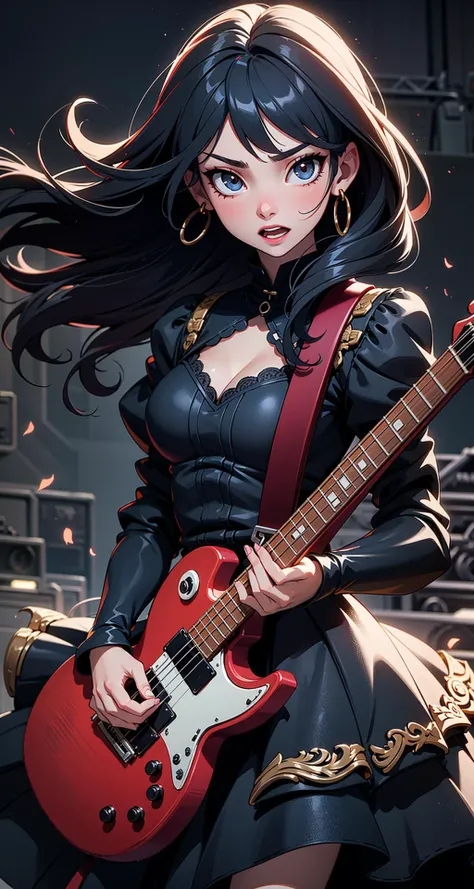 an eye contact of a rocker girl with fancy hair and dark dress, open mouth, singis, flash photo, sunlight, on stage at a rock festival, intricate details