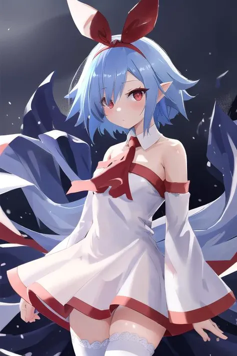 <lora:disgaea_pleinair:1>, pleinair, hair ribbon, dress, ribbon, detached sleeves, white thighhighs, bare shoulders, blue hair, red eyes, ((masterpiece)), (best quality), 8k, ultra-detailed, absurdress, beautiful, highres