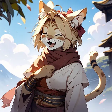 <lora:niji_khajit_3:1.0> (niji_khajit:1.0), animal hands, tail, (khajiit:1.0), furry,  1girl, :d, ^ ^, ahoge, blonde hair, bow, character name, closed eyes, congratulations, hair bow, half updo, japanese clothes, level up, open mouth, scarf, short hair, smile, solo, v