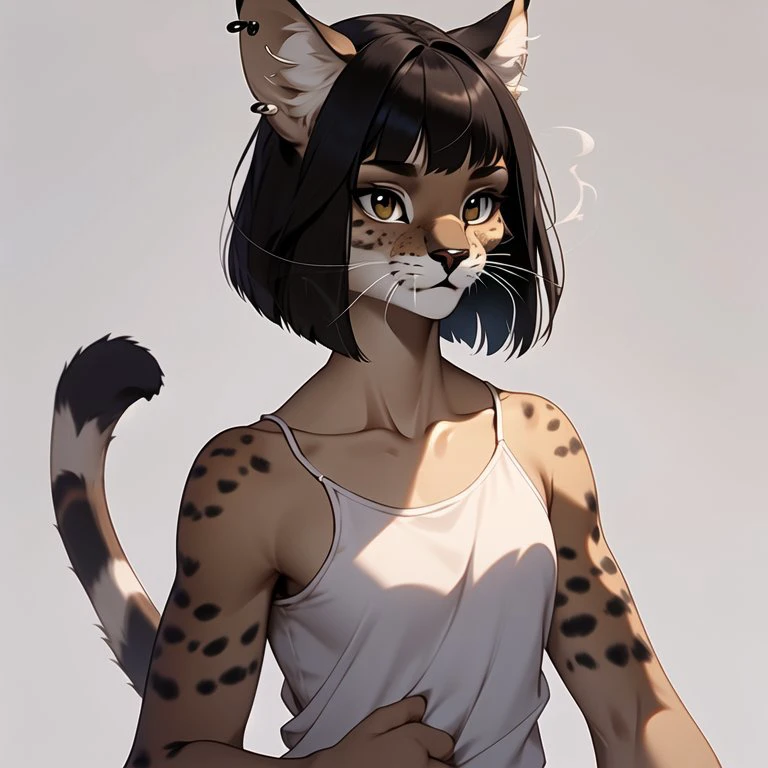 <lora:niji_khajit_3:1.0> (niji_khajit:1.0), animal hands, tail, (khajiit:1.0),
furry,
solo, 1girl, masterpiece, best quality, black hair, (white camisole), brown eyes, bob cut, blunt bangs, brown eyes, blush, black hair, steaming, (freckles:0.8), collarbone, exposed shoulders, small breasts, empty background, white background, :o, confused, (?)