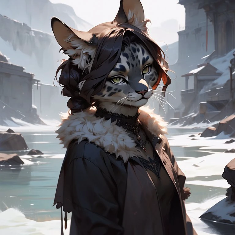 <lora:niji_khajit_3:1.0> (niji_khajit:1.0), animal hands, tail, (khajiit:1.0), furry,
realistic, painting \(medium\), of a cute short maid girl near river wearing an open fur jacket, detailed face+eyes, multicolored hair, messy twintails, black revealing lingerie with frills, (solo focus:1.2), (gloomy), (cold), (dark), (desolate), (by Antonio J Manzanedo:0.8), (by Jeremy Lipking:0.8), (by Killian Eng:1)