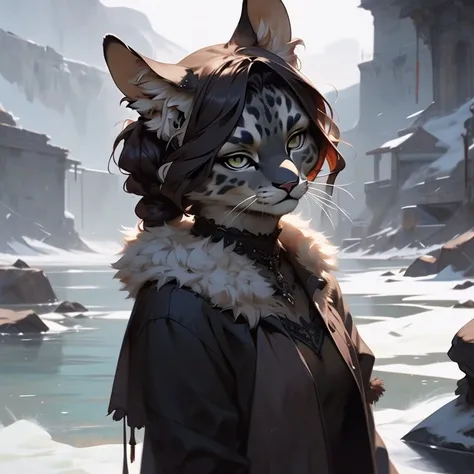 <lora:niji_khajit_3:1.0> (niji_khajit:1.0), animal hands, tail, (khajiit:1.0), furry, 
 realistic, painting \(medium\),    of a cute short maid girl near river wearing an open fur jacket, detailed face+eyes, multicolored hair, messy twintails, black revealing lingerie with frills, (solo focus:1.2), (gloomy), (cold), (dark), (desolate), (by Antonio J Manzanedo:0.8), (by Jeremy Lipking:0.8), (by Killian Eng:1)