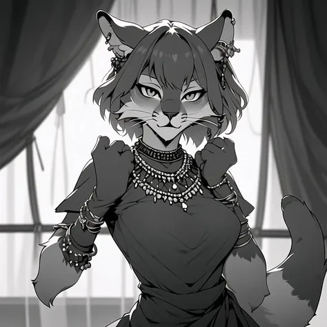 <lora:niji_khajit_3:1.0> (niji_khajit:1.0), animal hands, tail, (khajiit:1.0), furry,  1girl, bangs, bead necklace, beads, gloves, greyscale, hair rings, hosomi \(girls und panzer\), jewelry, monochrome, necklace, short hair, solo, twitter username, upper body