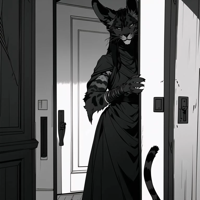 <lora:niji_khajit_3:1.0> (niji_khajit:1.0), animal hands, tail, (khajiit:1.0), furry,  black hair, doorway, eri \(yangyang nickbow\), greyscale, hand in door, horror \(theme\), monochrome, say my name, shade under eyes