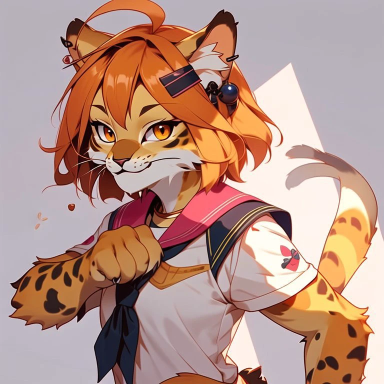 <lora:niji_khajit_3:1.0> (niji_khajit:1.0), animal hands, tail, (khajiit:1.0), furry, 1girl, ahoge, food, fruit, hair ornament, hairclip, looking at viewer, orange, orange hair, pink eyes, sailor collar, school uniform, serafuku, short hair, smile, solo