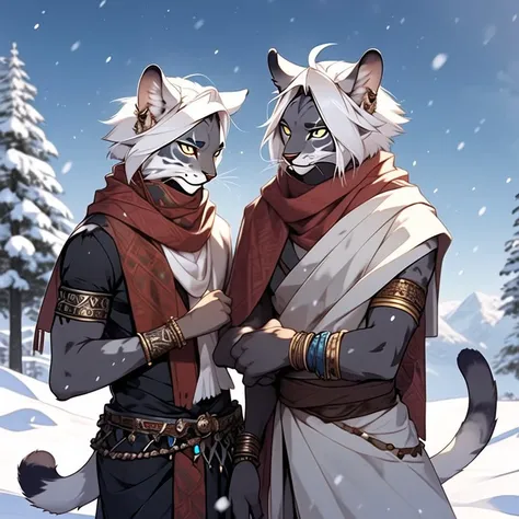 <lora:niji_khajit_3:1.0> (niji_khajit:1.0), animal hands, tail, 
(male khajiit:1.0),
bracelet, brothers, jewelry, scarf, short hair, siblings, snow, twins, white hair