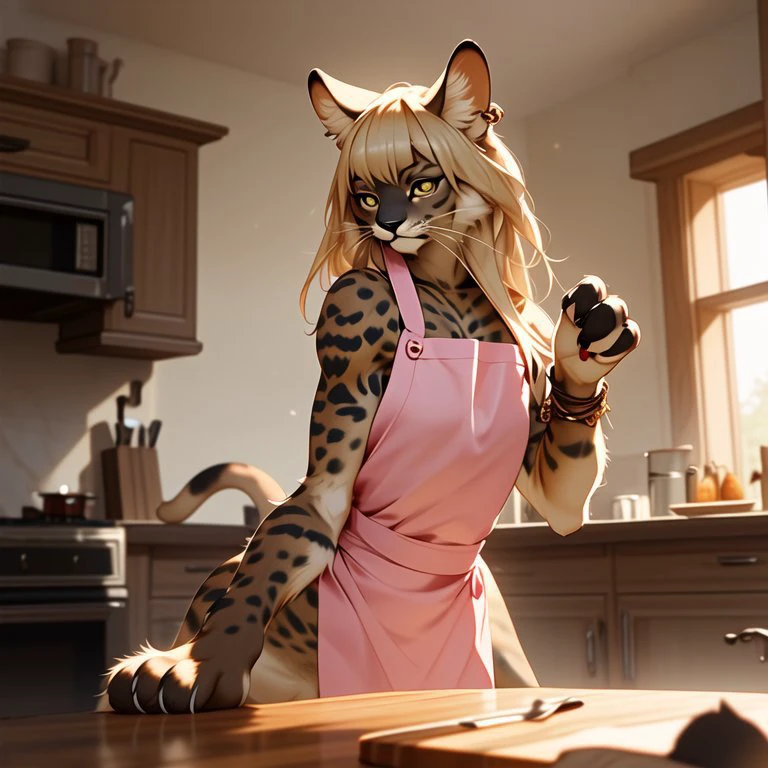 <lora:niji_khajit_3:1.0> (niji_khajit:1.0), animal hands, tail,
furry,
(female khajiit:1.0),
(realistic:0.9), masterpiece, 4k, (high detailed:0.9), (perfect face:0.8), (beautiful eyes:0.5), 1girl, blonde hair, blunt bangs, in kitchen, pink apron on the naked body