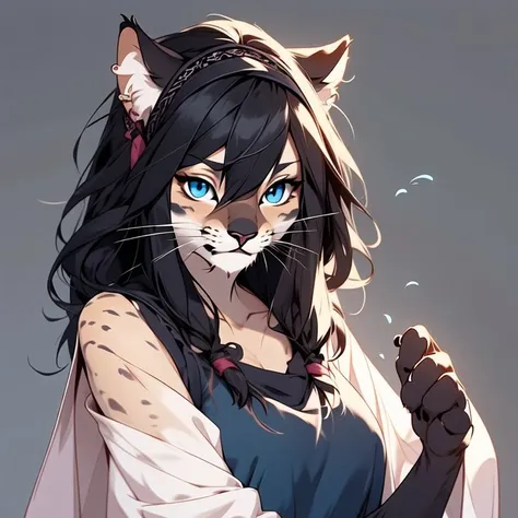 <lora:niji_khajit_3:1.0> (niji_khajit:1.0), animal hands, tail, (khajiit:1.0), furry,  1girl, bangs, black hair, blue eyes, blue shirt, blush, brown background, collarbone, eyebrows visible through hair, flying sweatdrops, hair between eyes, hairband, hand up, leaning to the side, long hair, long sleeves, looking at viewer, parted lips, shawl, shirt, simple background, sleeves past wrists, solo, twitter username