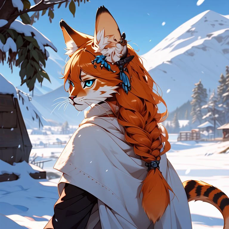 <lora:niji_khajit_3:1.0> (niji_khajit:1.0), animal hands, tail, (khajiit:1.0), furry, blue eyes, hair ornament, hairclip, highres, looking back, orange hair, scarf, snow