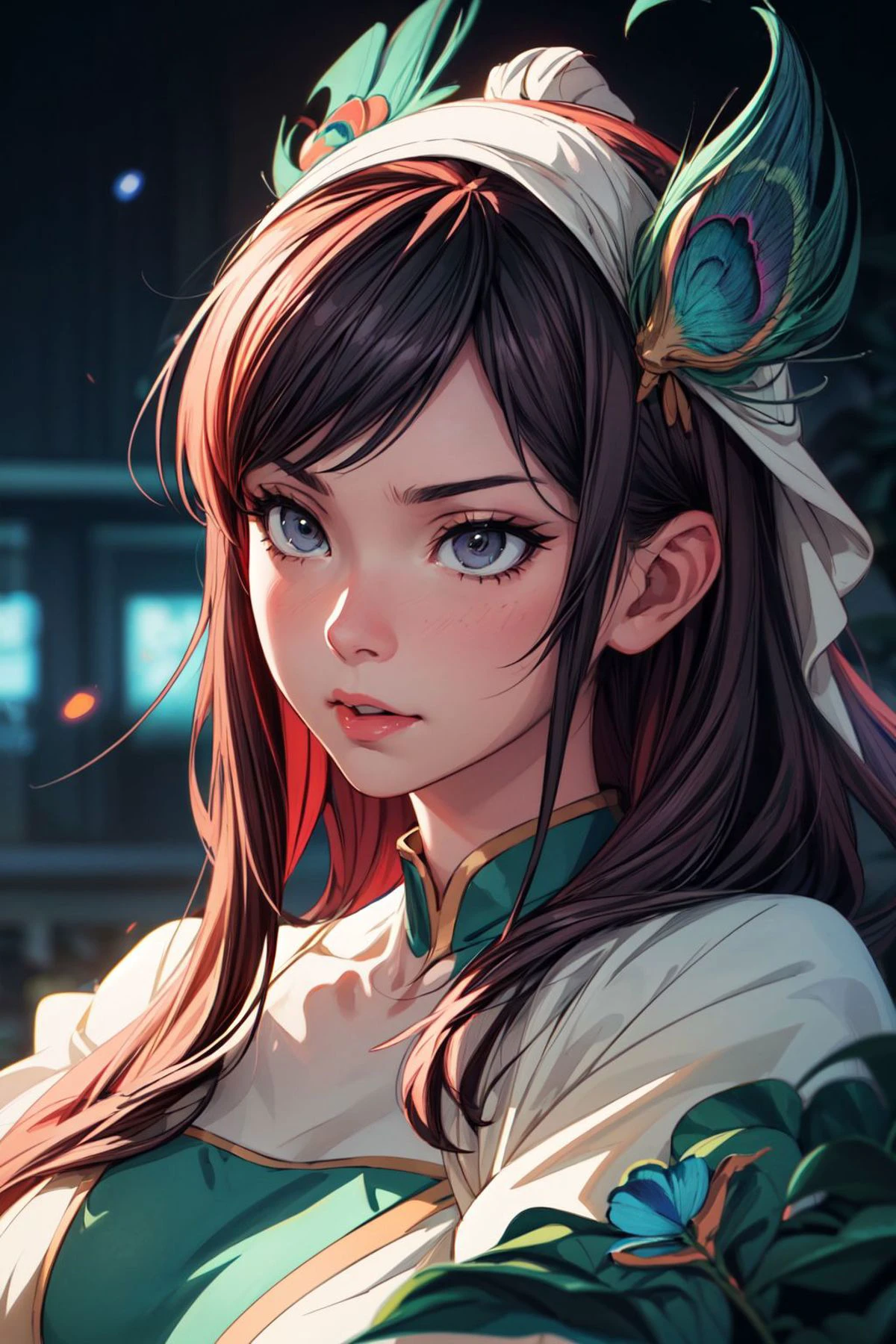cinematic film still (portrait art by Ross Tran:0.7) and Tanya Shatseva and Wes Anderson, Cycles render, Chibi Anime, Kindhearted (Peacock:1.1) , soft focus, Realistic, Regret, appealing, Direct light, F/2.8, Grayscale, Movie concept art, extremely detailed CG Unity 8k wallpaper, unreal engine, <lora:add_detail:1>, (Studio ghibli style, Art by Hayao Miyazaki:1.2), Anime Style, Manga Style, Hand drawn, cinematic sensual, Sharp focus, humorous illustration, big depth of field, Masterpiece, concept art, trending on artstation, Vivid colors, Simplified style, trending on ArtStation, trending on CGSociety, Intricate, Vibrant colors, Soft Shading, Simplistic Features, Sharp Angles, Playful . shallow depth of field, vignette, highly detailed, high budget, bokeh, cinemascope, moody, epic, gorgeous, film grain, grainy
