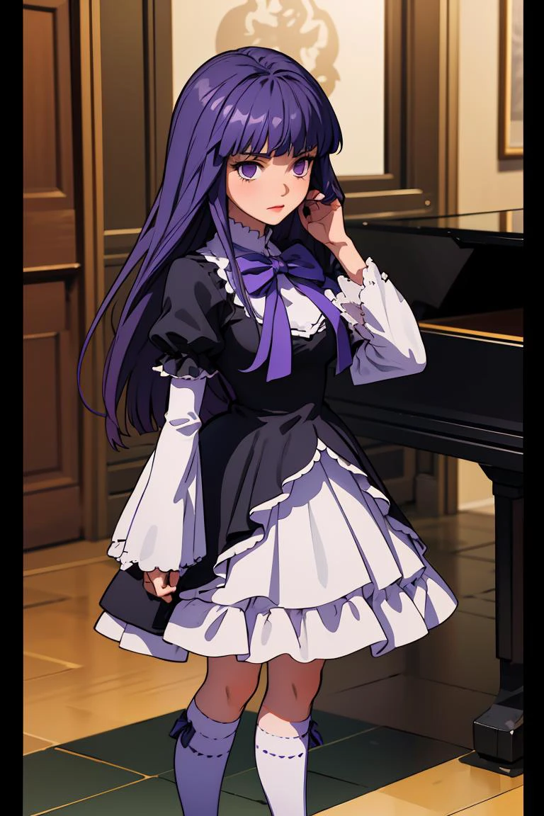 (masterpiece, best quality), 1girl, <lora:BERNDADAPT1:1> frederica bernkastel, purple eyes, purple hair, long hair, purple bow, dress, frills, white kneehighs, kneehighs bow, mary janes,