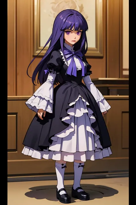 (masterpiece, best quality), 1girl,     <lora:BERNDADAPT1:1> frederica bernkastel, purple eyes, purple hair, long hair, purple bow, dress, frills, white kneehighs,  kneehighs bow, mary janes,