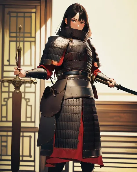 (masterpiece, best quality, absurdres, highly detailed:1.1), (best illumination, best shadow, dramatic lighting:1.05), (1girl:1.1), solo, cowboy shot, standing, holding weapon, holding sword, sword, (wh_chi_zhajia:1.3), (wh_chi_armor:1.3), (smug:1.1), medium breasts, bare legs, depth of field, detailed background, indoors, east asian architecture,<hypernet:anime:1>