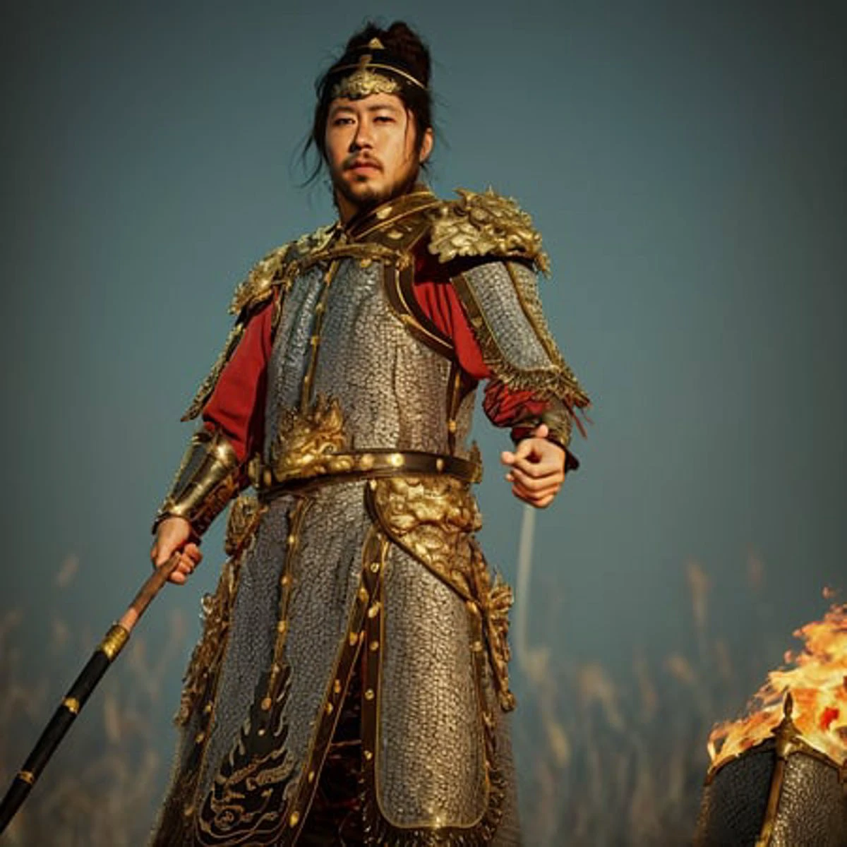 (photorealistic, realistic: 1.2), scale armor, wh chi armor, (masterpiece:1.1025), (best quality:1.05), (an extremely delicate and beautiful:1.05), (extremely detailed CG unity 8k wallpaper:1.05), (absurdres:1.05), (ultra-detailed:1.05), (1man:1.1), cowboy shot, (holding polearm:1.3), (spear:1.3), (fighting stance:1.3), hanfu, looking at viewer, serious, detailed black hair, detailed black eyes, armored shoulders, (golden armored dress:1.1), (tiger pattern shoulder armor:1.3), armored headband, armored dress, armored gloves, gorget, flames of war, detailed background, depth of field, outdoors, gold trim, red trim, (eastern dragon pattern:1.1), shiny skin, (5fingers:1.2), delicate pattern, intricate detail<hypernet:anime:1>, <lora:chineseArmor_chiArmorV10:1>