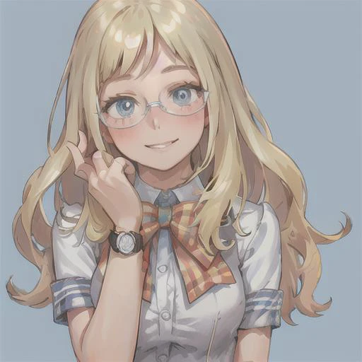 <lora:MelissaShieldLoRA-30:0.5> melissa shield, 1girl, solo, long hair, looking at viewer, blush, smile, bangs, blue eyes, blonde hair, shirt, bow, school uniform, white shirt, full body, short sleeves, glasses, teeth, bowtie, vest, blue background, semi-rimless eyewear, watch, wristwatch