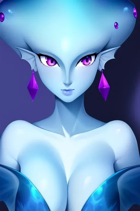 masterpiece, best quality, portrait of princess ruto, breasts, blue skin, zora, 1girl, earrings, fin, fish girl, fin ears, purple eyes, solo, full body, slim waist, wide hips, hip focus,