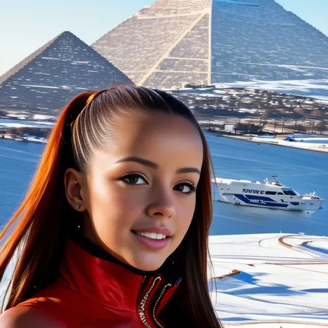 Photo of V4nn4Bard0t-2760, RAW, wearing a skintight red bodysuit posing on the hood of an expensive sportscar, (high ponytail, facing viewer), detailed face, (most beautiful, gorgeous, pretty), tanned, sweaty, skinny, small breasts, grin, (upper body), (best quality, photorealistic, intricate, highly detailed, absurdres:1.2), best lighting, anti-aliasing, hyper-realistic, sharp focus, 64k pyramid covered in snow in background, [alien craft overhead]
