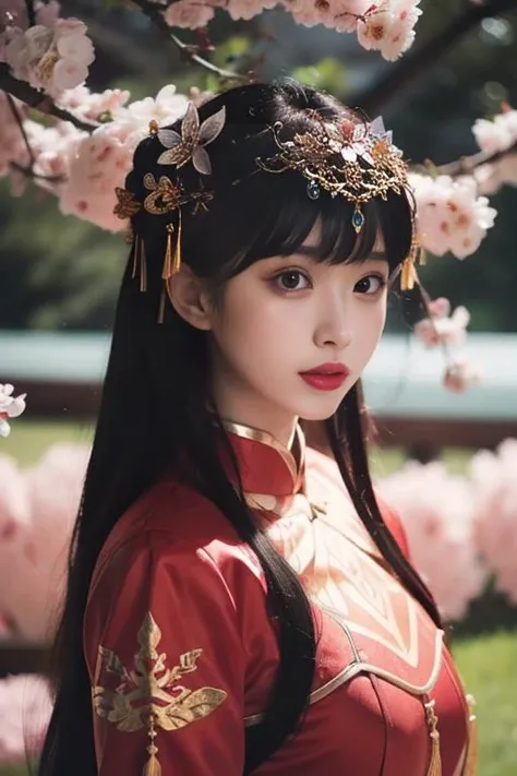 ltra-detailed,highly detailed,best quality,masterpiece,illustration,realistic,
1girl, solo, yixian,
long hair,bangs,
xiuhefu,chinese clothes, china dress, red dress,
looking at vchiewer,upper body,
outdoors, park,grass,cherry blossoms, falling petals, wind,
<lora:yixian_xiuhefu_v13_05:0.7>