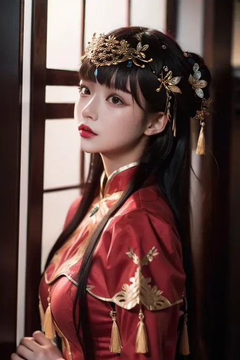 ltra-detailed,highly detailed,best quality,masterpiece,illustration,realistic,
1girl, solo, yixian,
long hair,bangs,
xiuhefu,chinese clothes, china dress, red dress,
looking at vchiewer,upper body,
indoors, east asian architecture,
<lora:yixian_xiuhefu_v13_05:0.7>