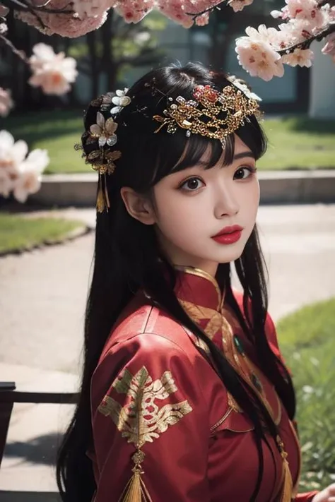 ltra-detailed,highly detailed,best quality,masterpiece,illustration,realistic,
1girl, solo, yixian,
long hair,bangs,
xiuhefu,chinese clothes, china dress, red dress,
looking at vchiewer,upper body,
outdoors, park,grass,cherry blossoms, falling petals, wind,
<lora:yixian_xiuhefu_v13_05:0.7>