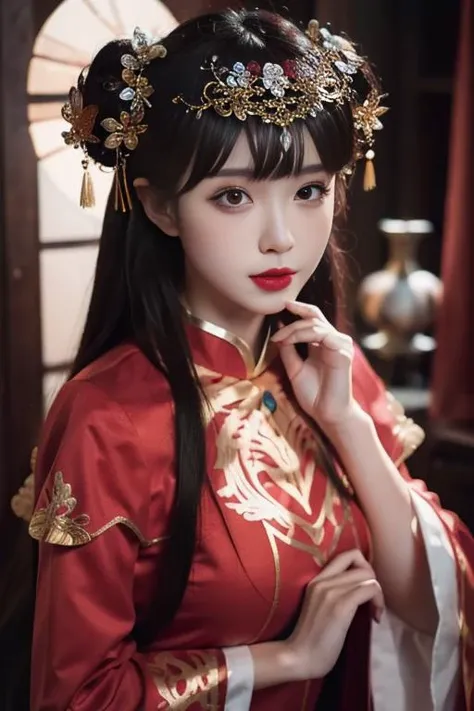 ltra-detailed,highly detailed,best quality,masterpiece,illustration,realistic,
1girl, solo, yixian,
long hair,bangs,
xiuhefu,chinese clothes, china dress, red dress,
looking at vchiewer,upper body,
indoors, east asian architecture,
<lora:yixian_xiuhefu_v13_05:0.7>