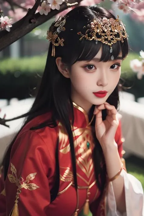 ltra-detailed,highly detailed,best quality,masterpiece,illustration,realistic,
1girl, solo, yixian,
long hair,bangs,
xiuhefu,chinese clothes, china dress, red dress,
looking at vchiewer,upper body,
outdoors, park,grass,cherry blossoms, falling petals, wind,
<lora:yixian_xiuhefu_v13_05:0.7>
