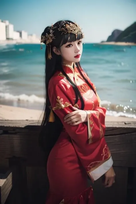 ltra-detailed,highly detailed,best quality,masterpiece,illustration,realistic,
1girl, solo, yixian,
long hair,bangs,
xiuhefu,chinese clothes, china dress, red dress,
looking at vchiewer,standing, cowboy shot,
outdoors, nature, beach,sea,waves,wind,
<lora:yixian_xiuhefu_v13_05:0.7>