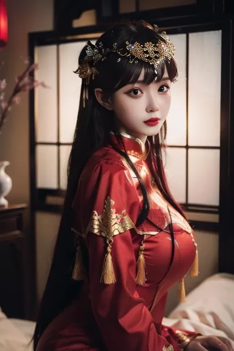 ltra-detailed,highly detailed,best quality,masterpiece,illustration,realistic,
1girl, solo, yixian,
long hair,bangs,
xiuhefu,chinese clothes, china dress, red dress,
looking at vchiewer,upper body,
indoors, east asian architecture,
<lora:yixian_xiuhefu_v13_05:0.7>