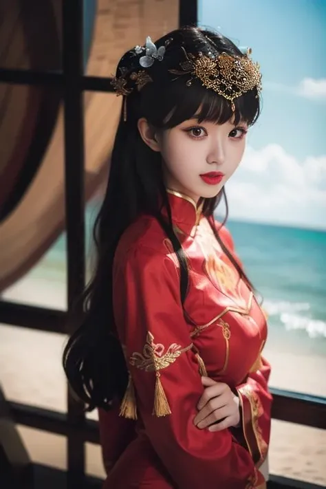 ltra-detailed,highly detailed,best quality,masterpiece,illustration,realistic,
1girl, solo, yixian,
long hair,bangs,
xiuhefu,chinese clothes, china dress, red dress,
looking at vchiewer,upper body, 
outdoors, nature, beach,sea,waves,wind,
 <lora:yixian_xiuhefu_v13_05:0.7>