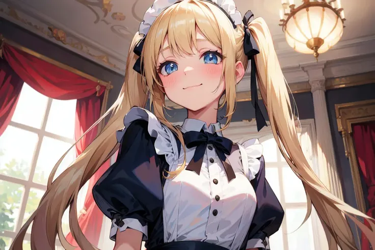 Luxurious house, shining chandeliers,from below,(very cute ****** girl,blush,closed mouth) smile,medium breasts,maid headdress,maid costume,(twintails,long blonde hair:1.2) BREAK hair bow,drooping blue eyes,