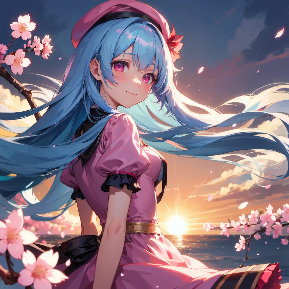 morning sun,lens flare,specular reflection,cinematic lighting,looking back,(very cute girl,closed mouth) smile,small breasts,(cherry blossom:1.2),pink beret, gothic pink dress, center frill,(ruby eyes) BREAK long Blue hair,