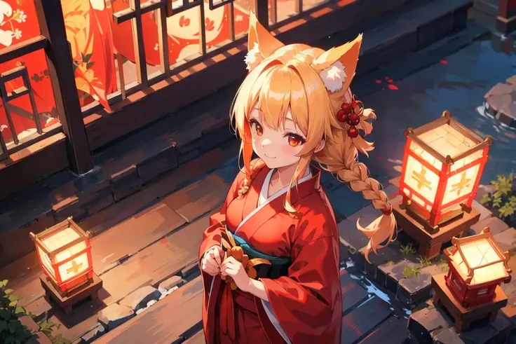 japanese garden,cinematic lighting,from above,(very cute girl,closed mouth) smile,small breasts,Traditional Japanese red Dress,red kimono,fox ears,orange eyes,Braids, blonde hair