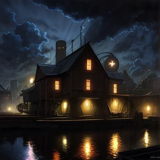 sharp focus, (dramatic lighting, two-tone lighting, physically-based rendering, raytraced shadows, subsurface scattering), award-winning artstation photo, extremely detailed illustration, (highly detailed, best quality, very detailed background, masterpiece), classic, by Greg Rutkowski, alphonse Mucha, (wlop), (8k, RAW photo, best quality, extremely detailed CG unity 8k wallpaper, huge filesize, ultra-detailed, highres, absurdres), (landscape painting unreal 5.1 portrait in the style of team fortress 2, team fortress 2 map concept art), canal with warehouse on top of concrete foundation by the water, with distant factory tower, oil refinery, smokestack set against the sky, balconies casting raytraced shadows onto plaster walls, (metal triangle-roof shack with industrial windows), clouds lit from above by early morning sunlight, ((highly detailed)), ((best quality)), ((8k)), sharp focus, (subsurface scattering) award-winning artstation photo, extremely detailed illustration, (very detailed background,) dramatic lighting, masterpiece, classic, (vampire: the masquerade - bloodlines screenshot landscape painting in the style of team fortress 2 tf2 map concept art) of map set in an industrial farm with circular metal silos and triangle-roofed metal farmhouse and triangle-roofed metal shacks with lit glowing red windows casting raytraced shadows onto ground, distant arched viaduct set against the sky, ((midnight, darkness, dark clouds, foreboding)) by greg rutkowski alphonse mucha wlop, by Henry Cheadle, ((Half-Life 2 beta, HL2 concept art)) <lora:HL2Beta002:0.5> <lora:HL2Beta001:0.5>