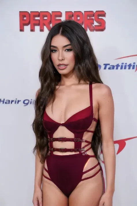 <lora:MadisonBeer:1> woman in sexy tight red  dress, flowing hair, model, looking at camera