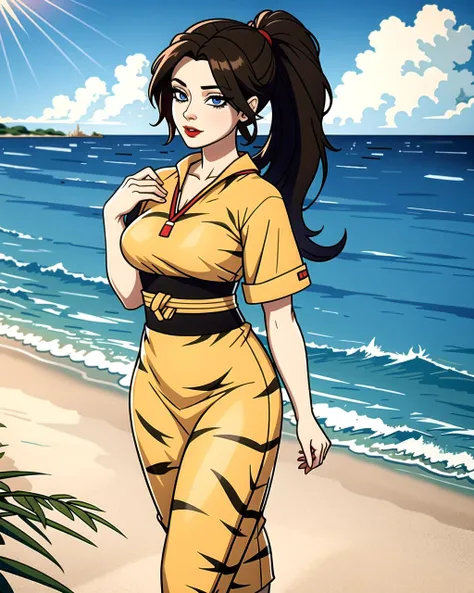 ((masterpiece), best quality, high quality, professional quality, highly detailed, highres, perfect lighting, natural lighting), (1girl, beautiful, medium breasts, (multicolored hair, black hair,brown hair,silver hair, long hair, high ponytail), perfecteyes eyes), (wearing tiger print, extremelyBeautiful_beautifulclotheswild/Extremely beautiful clothes), on the beach, walking the boardwalk, <lyco:locon_perfecteyes_v1_from_v1_64_32:0.6>