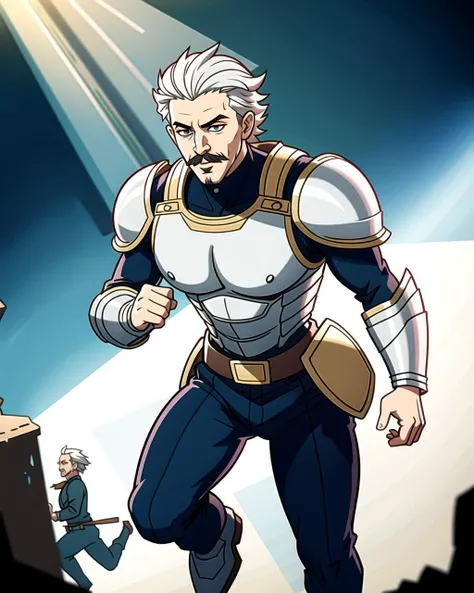 ((masterpiece), best quality, high quality, professional quality, highly detailed, highres, perfect lighting, natural lighting), (1boy, slender, handsome, mustache, short hair, white hair), wearing armor, running, on a battlefield