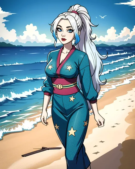 ((masterpiece), best quality, high quality, professional quality, highly detailed, highres, perfect lighting, natural lighting), (1girl, beautiful, medium breasts, (multicolored hair, silver hair,blonde hair,blue hair, long hair, high ponytail), perfecteyes eyes), (wearing star print, extremelyBeautiful_beautifulclotheswild/Extremely beautiful clothes), on the beach, walking the boardwalk, <lyco:locon_perfecteyes_v1_from_v1_64_32:0.6>