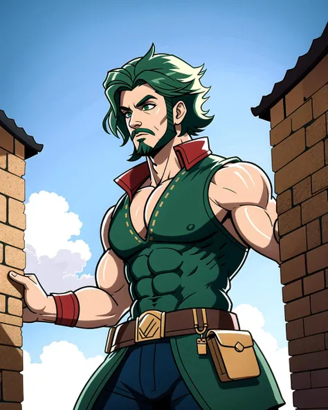 ((masterpiece), best quality, high quality, professional quality, highly detailed, highres, perfect lighting, natural lighting), (1boy, muscular, handsome, goatee, short hair, green hair), wearing fantasy clothing, fighting, in a fantasy town