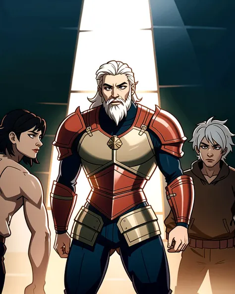 ((masterpiece), best quality, high quality, professional quality, highly detailed, highres, perfect lighting, natural lighting), (1boy, slender, handsome, long beard, short hair, white hair), wearing armor, fighting, on a battlefield