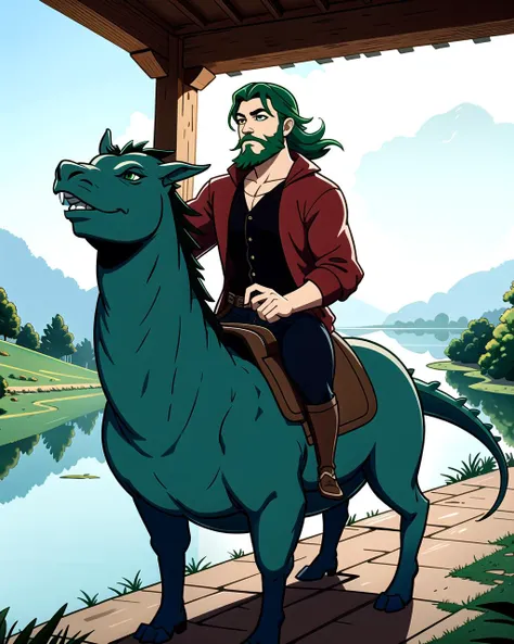 ((masterpiece), best quality, high quality, professional quality, highly detailed, highres, perfect lighting, natural lighting), (1boy, slender, handsome, long beard, short hair, green hair), wearing fantasy clothing, riding a dragon, by a lake