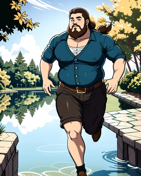 ((masterpiece), best quality, high quality, professional quality, highly detailed, highres, perfect lighting, natural lighting), (1boy, overweight, handsome, long beard, short hair, brown hair), wearing fantasy clothing, running, by a lake