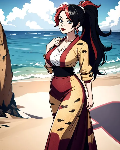 ((masterpiece), best quality, high quality, professional quality, highly detailed, highres, perfect lighting, natural lighting), (1girl, beautiful, medium breasts, (multicolored hair, black hair,silver hair,red hair, long hair, high ponytail), perfecteyes eyes), (wearing cheetah print, extremelyBeautiful_beautifulclotheswild/Extremely beautiful clothes), on the beach, walking the boardwalk, <lyco:locon_perfecteyes_v1_from_v1_64_32:0.6>
