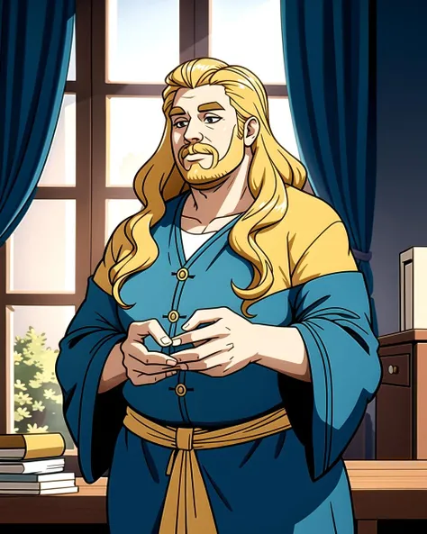 ((masterpiece), best quality, high quality, professional quality, highly detailed, highres, perfect lighting, natural lighting), (1boy, overweight, handsome, no facial hair, long hair, blonde hair), wearing wizard robes, casting a spell, in a castle