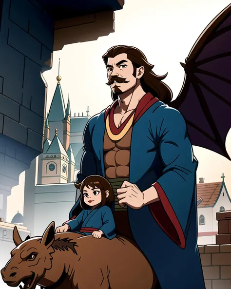 ((masterpiece), best quality, high quality, professional quality, highly detailed, highres, perfect lighting, natural lighting), (1boy, muscular, handsome, mustache, medium length hair, brown hair), wearing wizard robes, riding a dragon, in a fantasy town