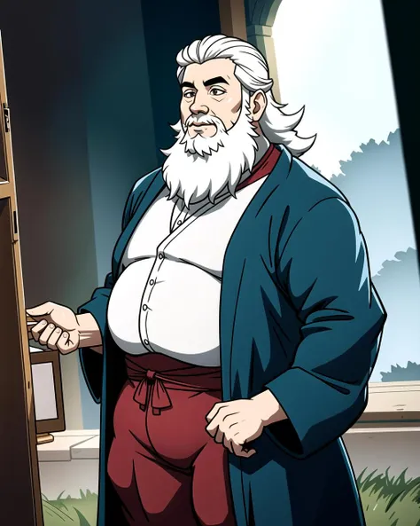 ((masterpiece), best quality, high quality, professional quality, highly detailed, highres, perfect lighting, natural lighting), (1boy, overweight, handsome, long beard, short hair, white hair), wearing wizard robes, casting a spell, on a battlefield